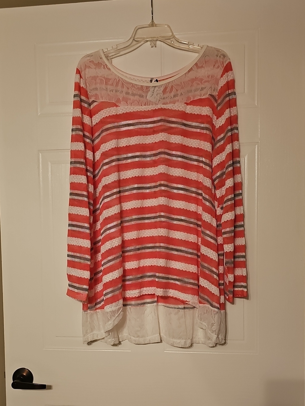 Coral Striped Lace-Yoke Long Sleeve Tunic